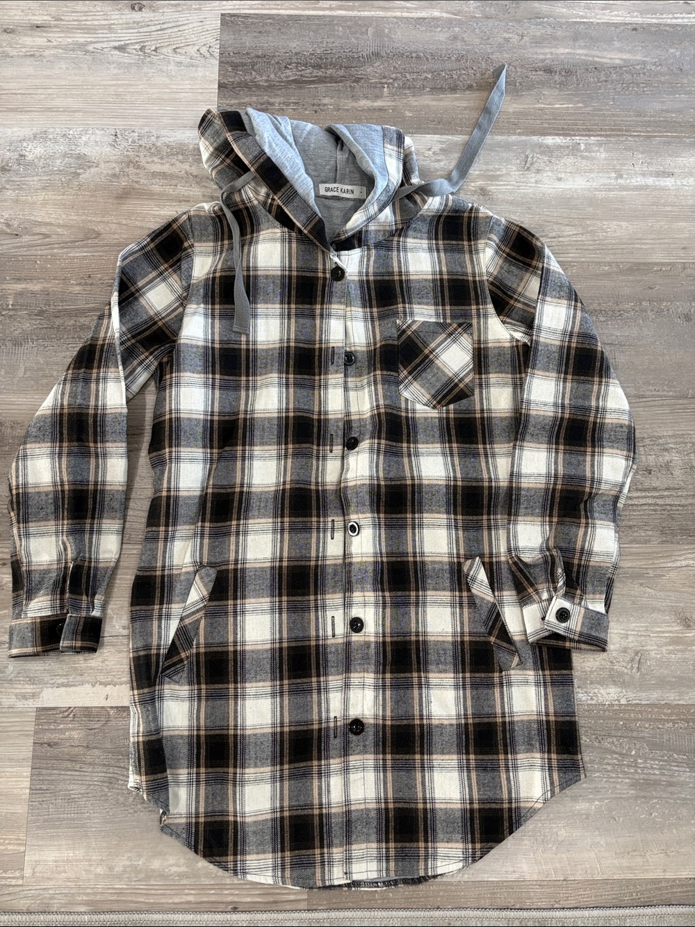 Grace Karin Plaid Hooded Shirt Jacket - Black, Cream & Brown